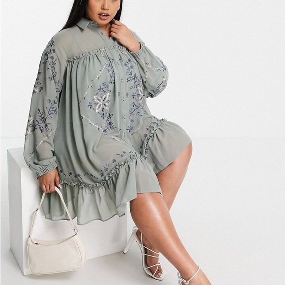 ASOS Curve DESIGN Curve soft mini smock shirt dress with embroidery size 20 - Picture 4 of 4